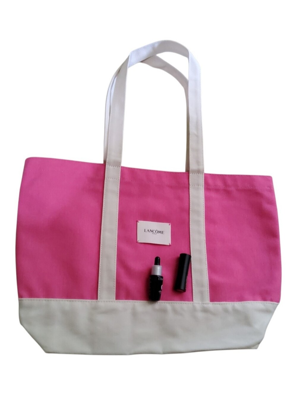 Lancome Pink/White Canvas TOTE With Nude Lipstick And GENIFIQUE ULTIMATE